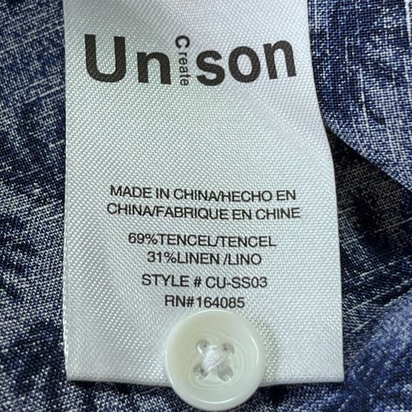 CREATE UNISON Printed Short Sleeve Camp Shirt Size L In Indigo Multi Linen Blend - Picture 10 of 11